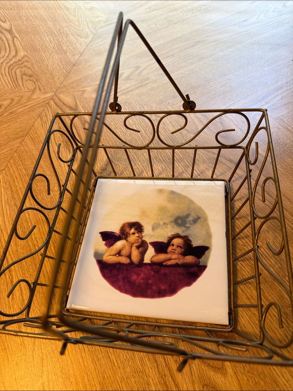 Bronze Gold Metal Wire Decorative Basket with Cherub Tile - 8 1/2x 8 1/2 x 3 1/2